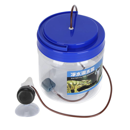 Water filter dropper with blue lid and clear container on a white background