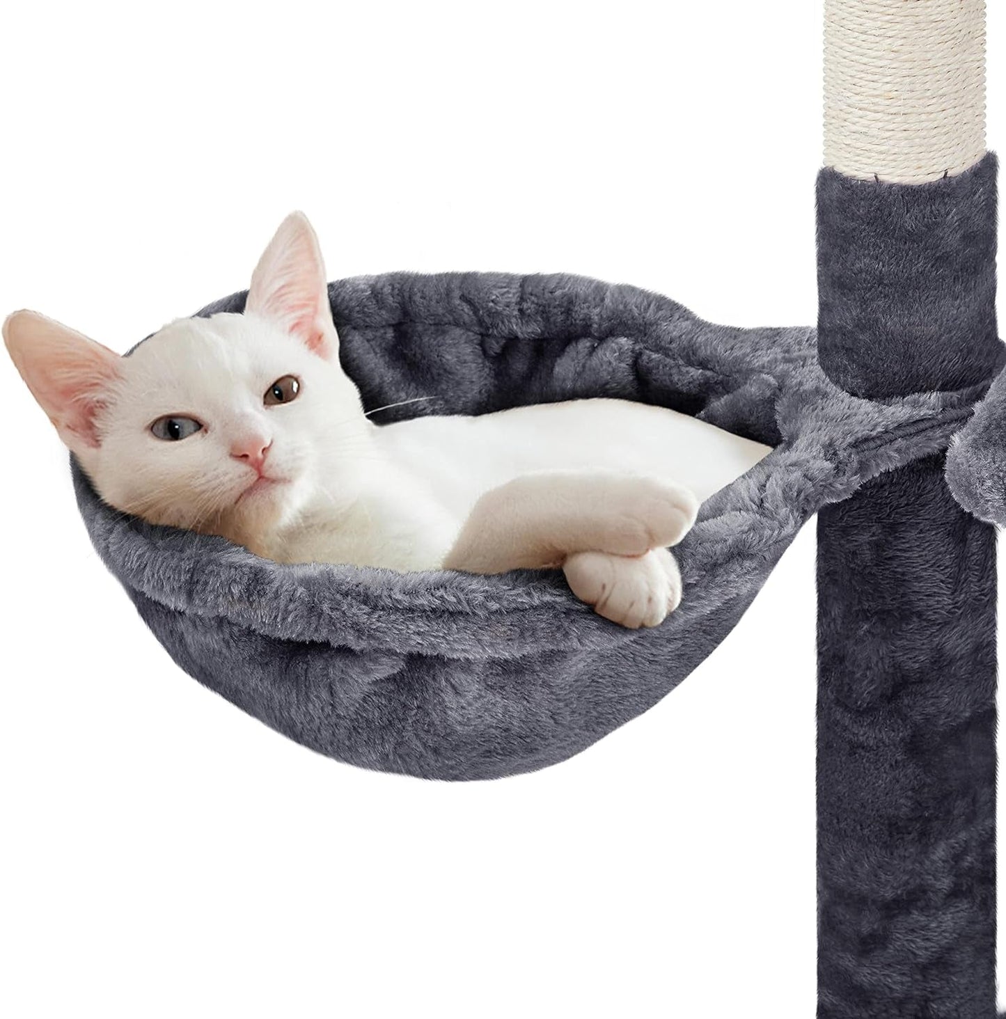 White cat lying in a gray cat hammock attached to a scratching post.