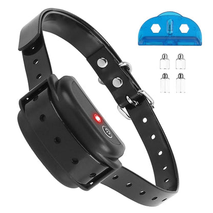 Black dog collar with electronic device and blue clip on a white background
