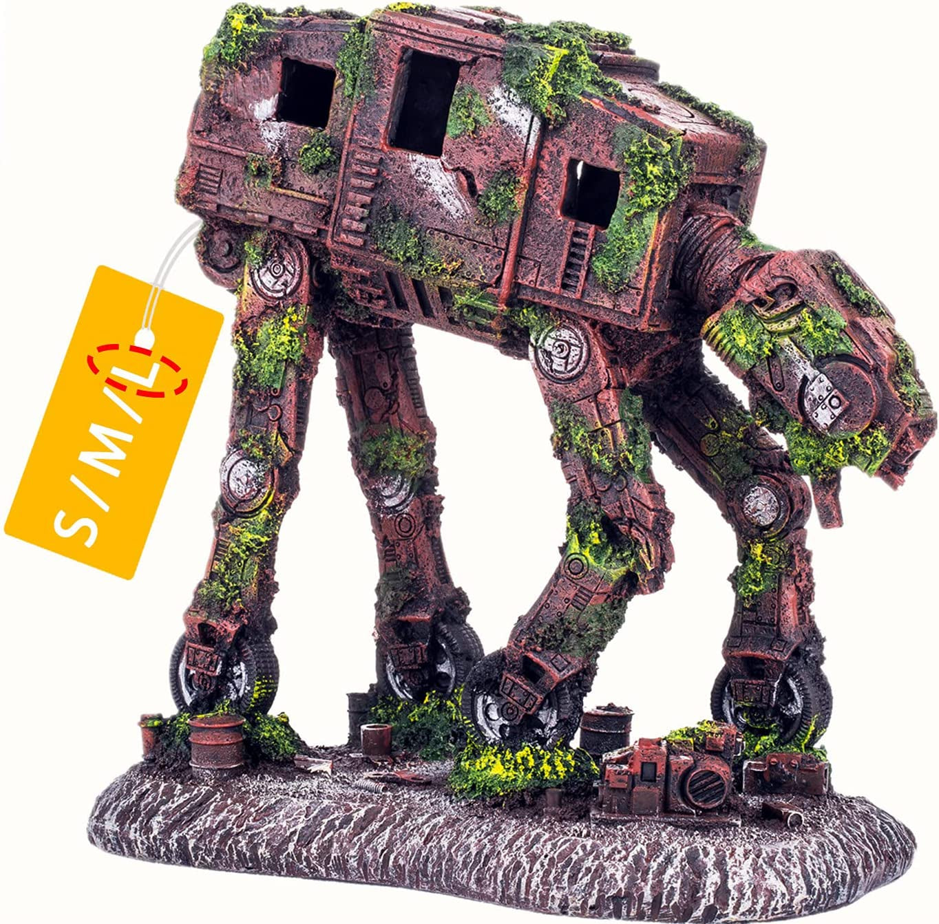 Decorative model of a walking robot with moss-like textures on a white background