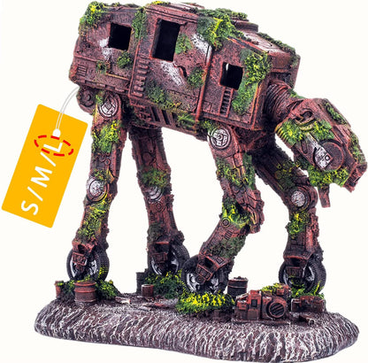 Decorative model of a walking robot with moss-like textures on a white background