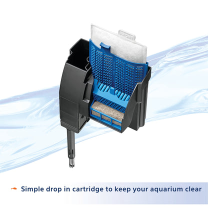 Aquarium filter cartridge with blue and black design on a white background