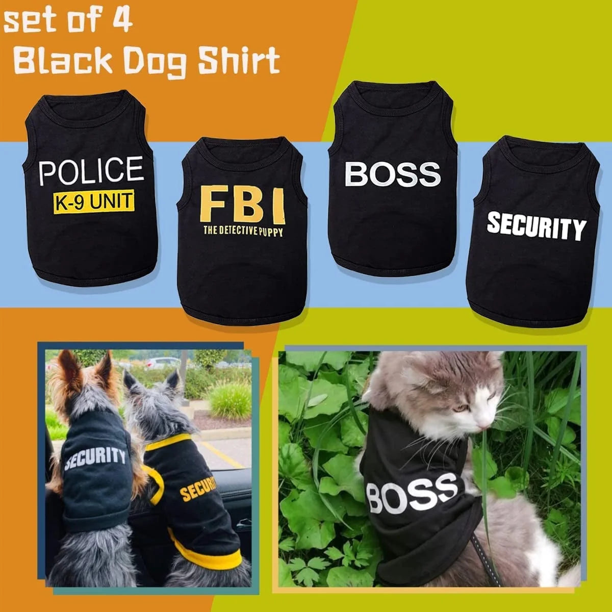 Set of 4 black dog shirts with text labels on a colorful background
