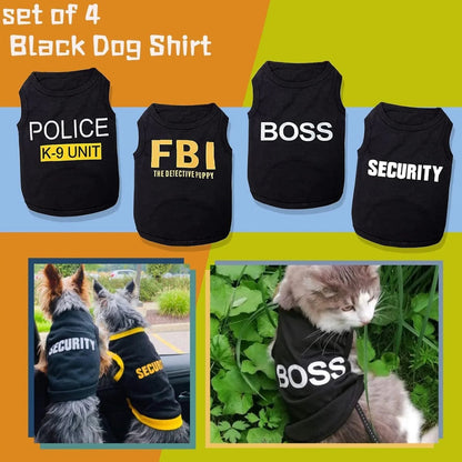 Set of 4 black dog shirts with text labels on a colorful background