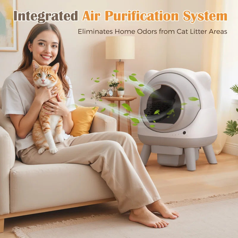 Woman holding a cat next to an air purification system in a living room.