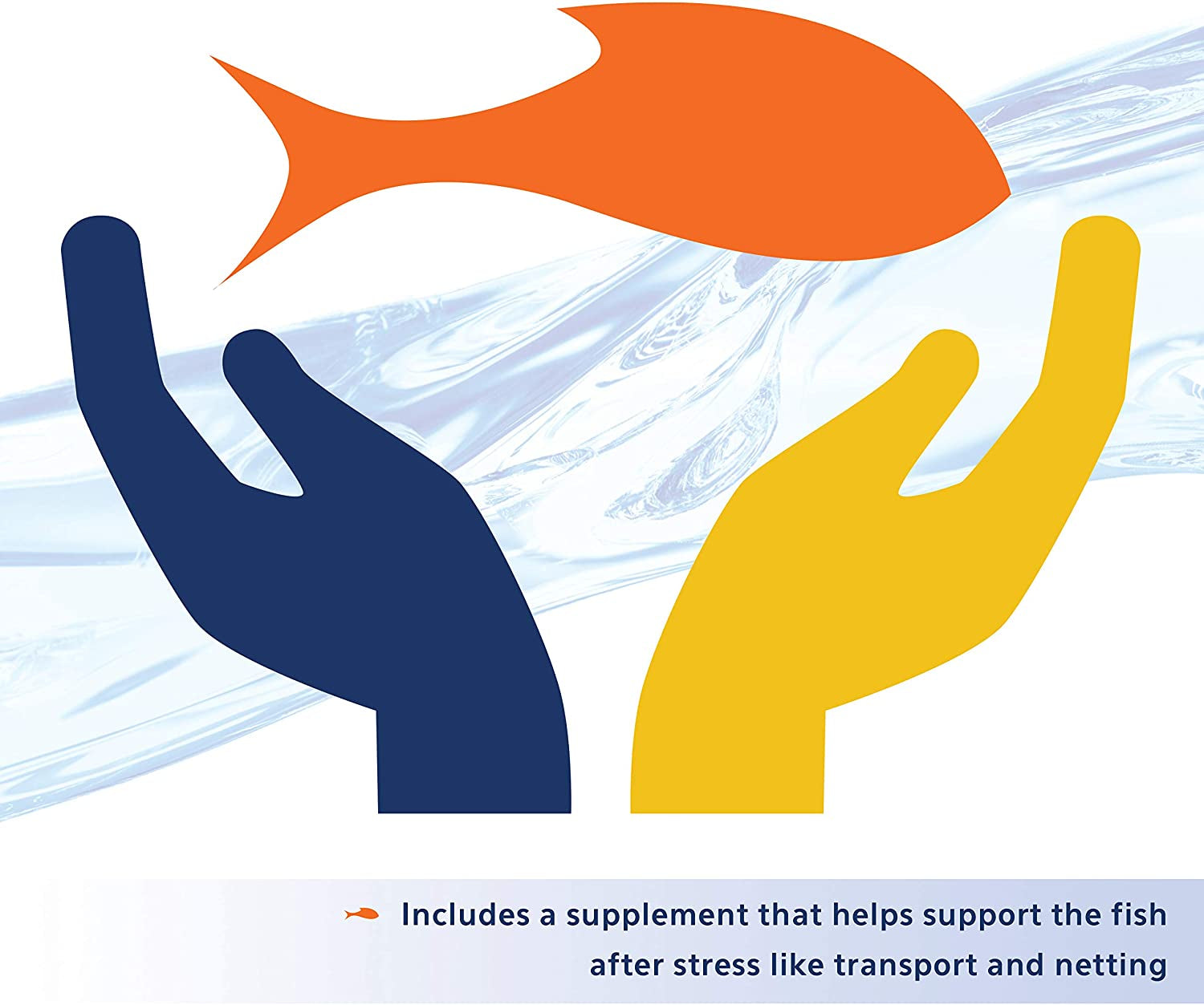 Two hands, one blue and one yellow, reaching towards an orange fish against a light blue background.