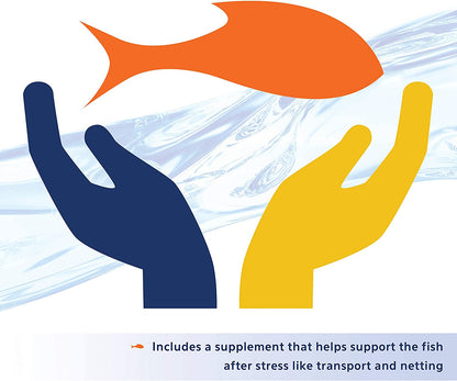 Two hands, one blue and one yellow, reaching towards an orange fish against a light blue background.