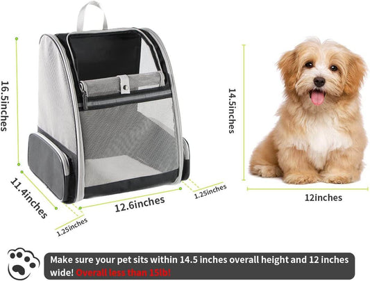 Pet carrier with dimensions and a dog sitting next to it on a white background