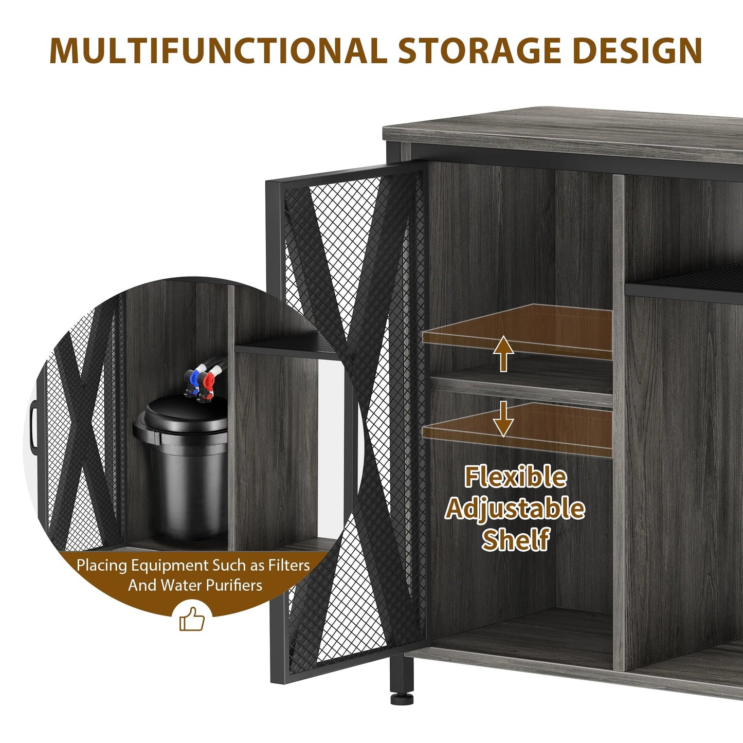 Multifunctional storage design with adjustable shelves and equipment holder.