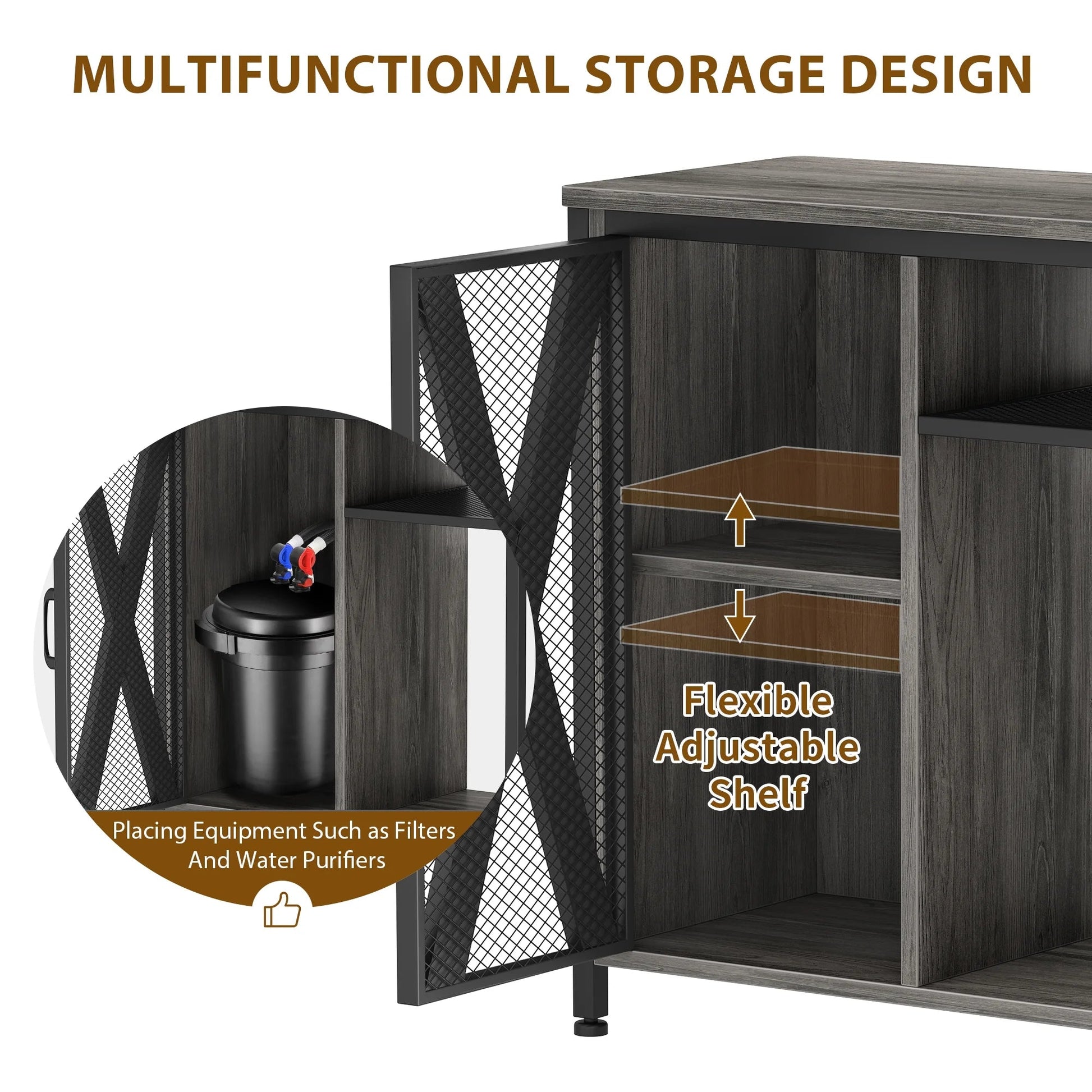 Multifunctional storage design with adjustable shelves and equipment holder.