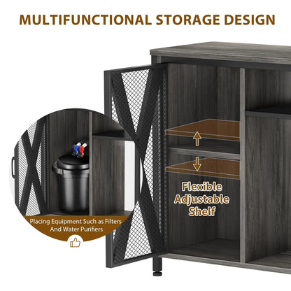 Multifunctional storage design with adjustable shelves and equipment holder.