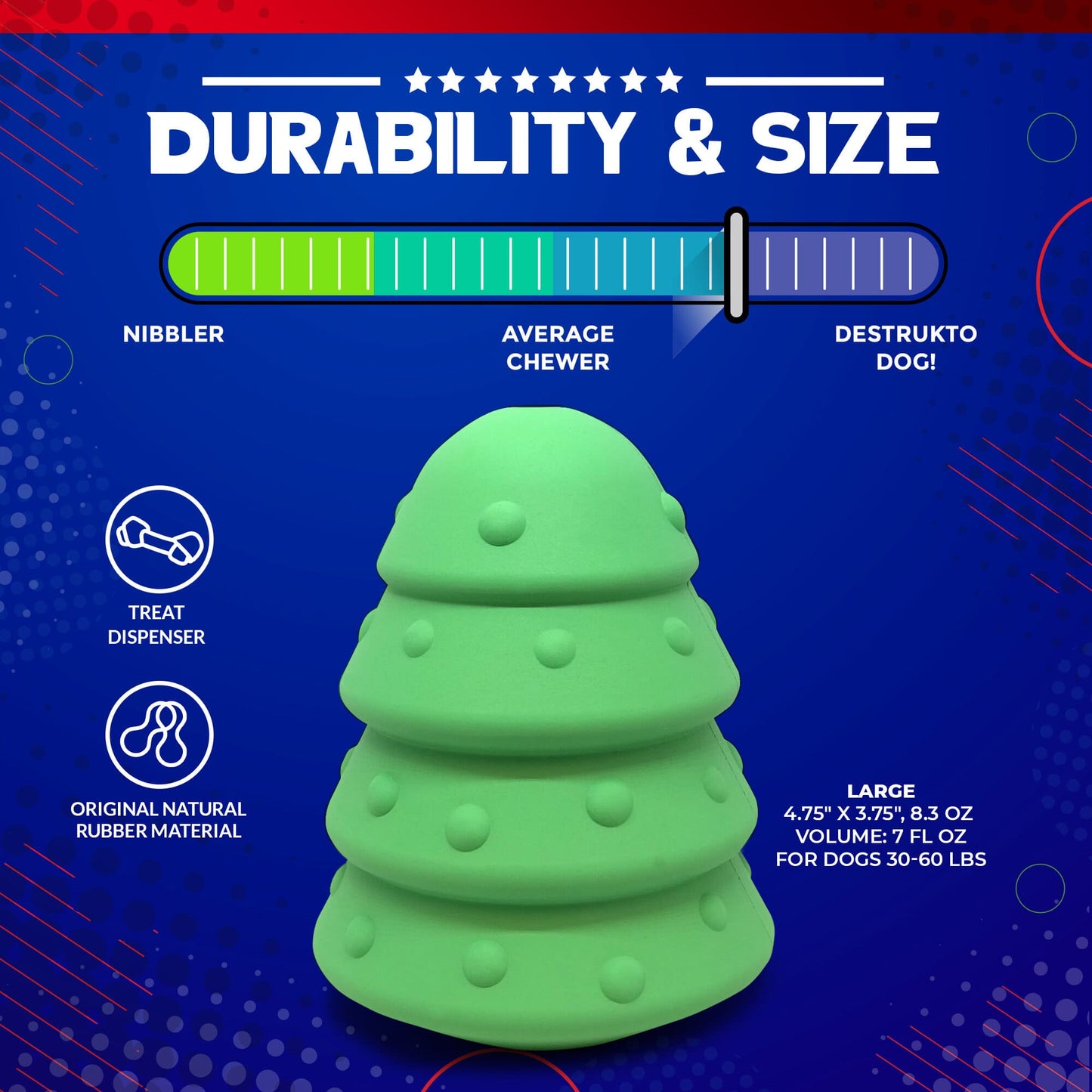 Green dog toy with durability and size information on a blue background