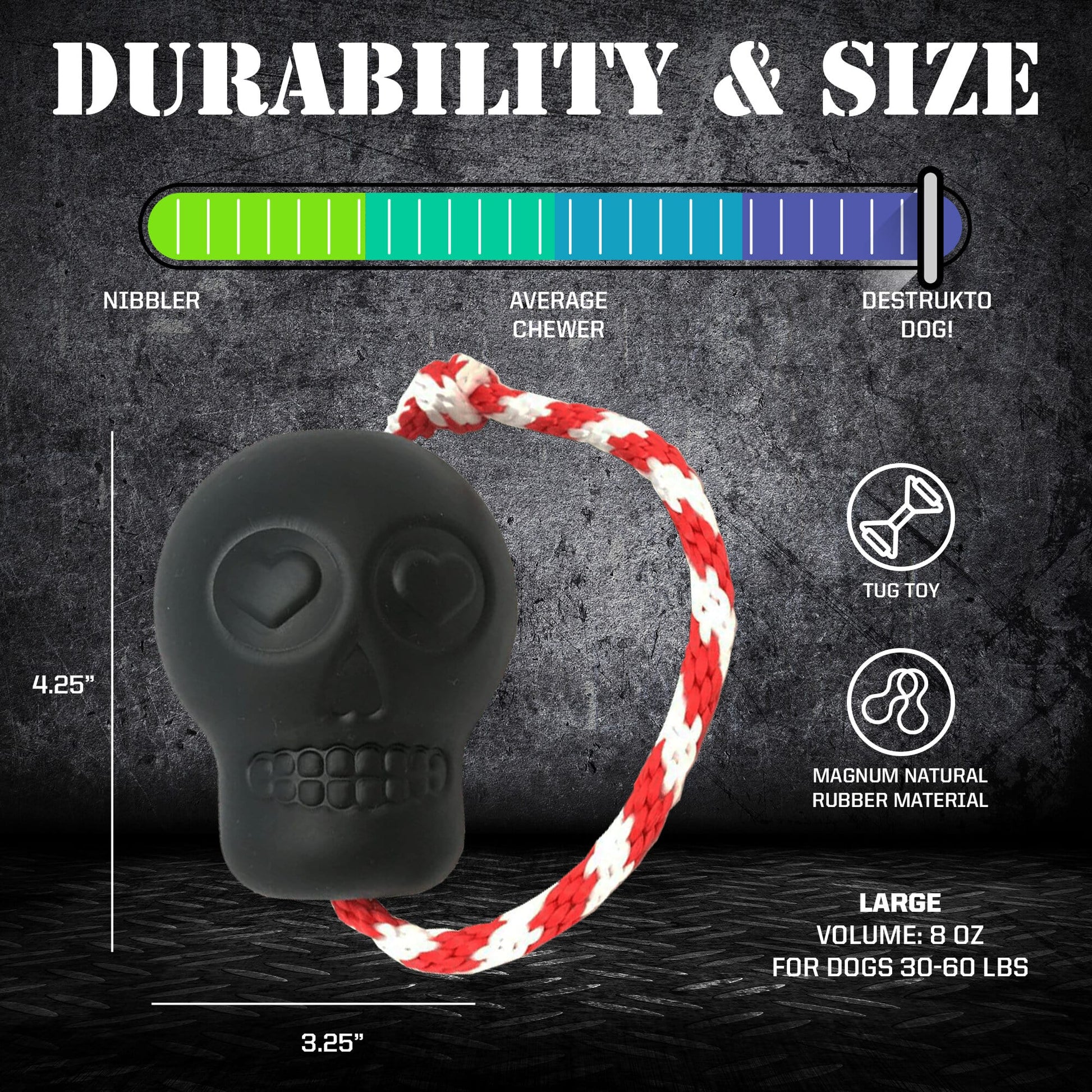 Dog toy with skull design and red and white rope, labeled for durability and size, on a textured background.