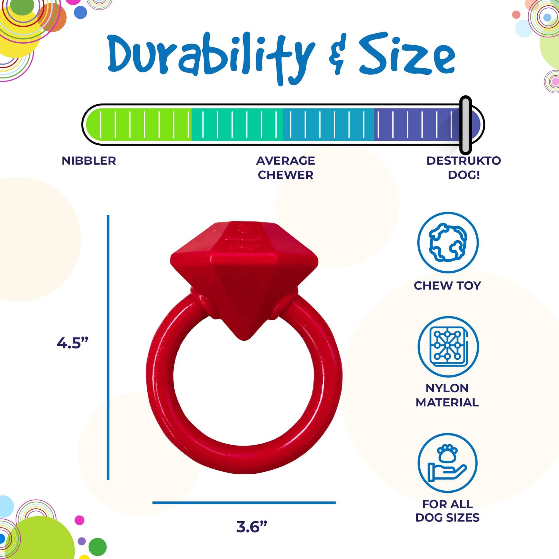 Red diamond-shaped chew toy with durability and size information on a colorful background
