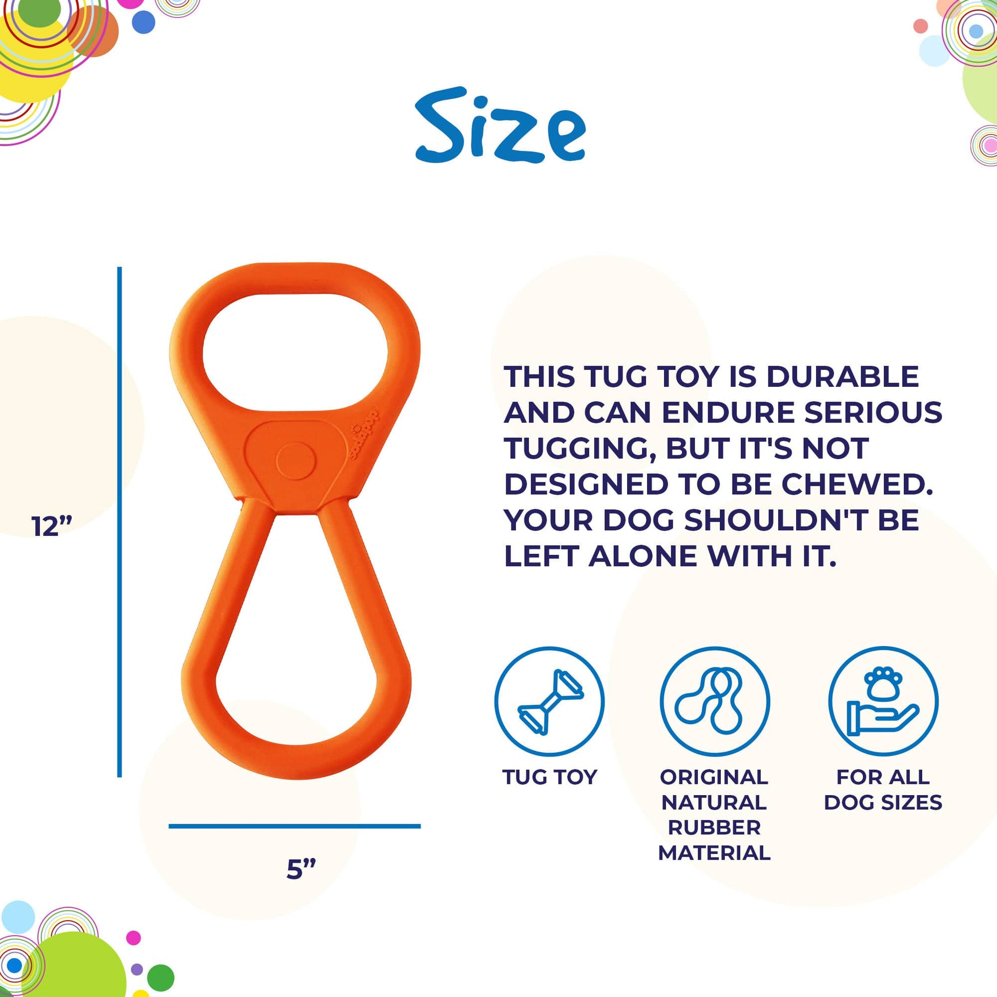 Orange dog tug toy with size measurement and durability information on a white background