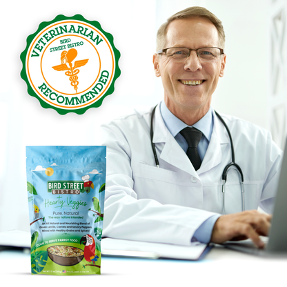 Veterinarian in a white coat with a laptop, next to a package of Bird Street Bistro pet food.