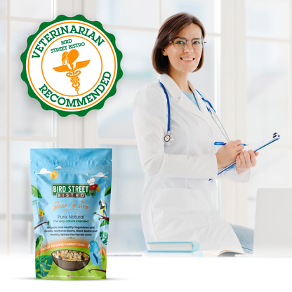 Woman in a white coat holding a clipboard next to a package of Bird Street Bistro pet food with a 'Veterinarian Recommended' badge.