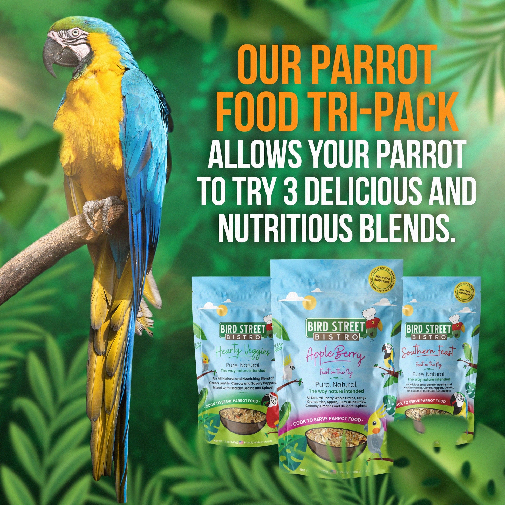 Promotional image of a parrot and Bird Street Pet Food packages with text about a parrot food tri-pack.