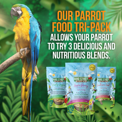 Promotional image of a parrot and Bird Street Pet Food packages with text about a parrot food tri-pack.