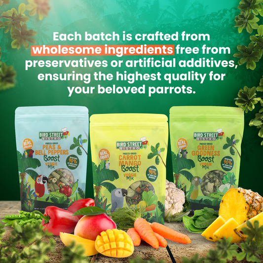 Three packages of Bird Street pet food with fresh produce on a wooden surface, green background with text about wholesome ingredients.