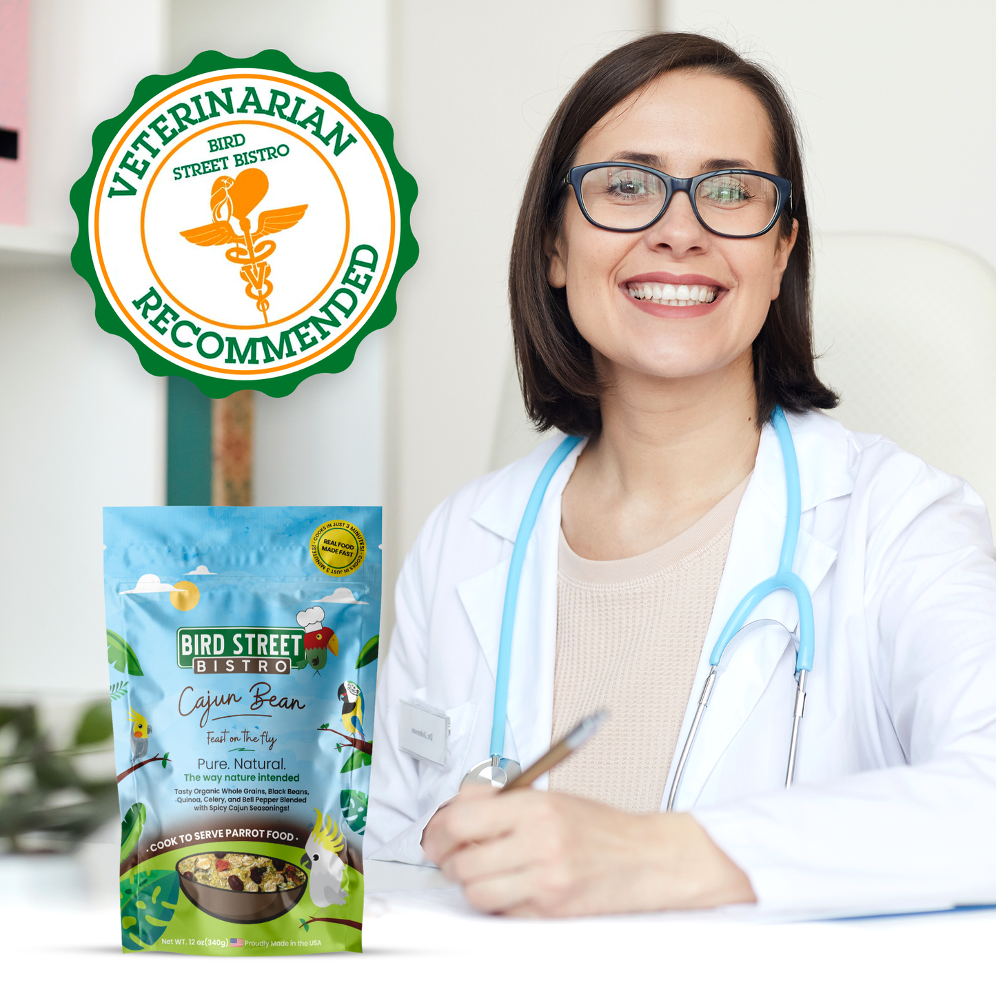 Woman in a white coat with a stethoscope next to a package of Bird Street Bistro pet food, with a 'Veterinarian Recommended' badge.