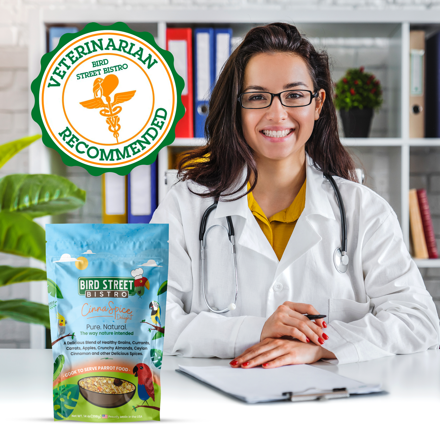 Veterinarian in a white coat with Bird Street Bistro pet food packaging and 'Veterinarian Recommended' badge.
