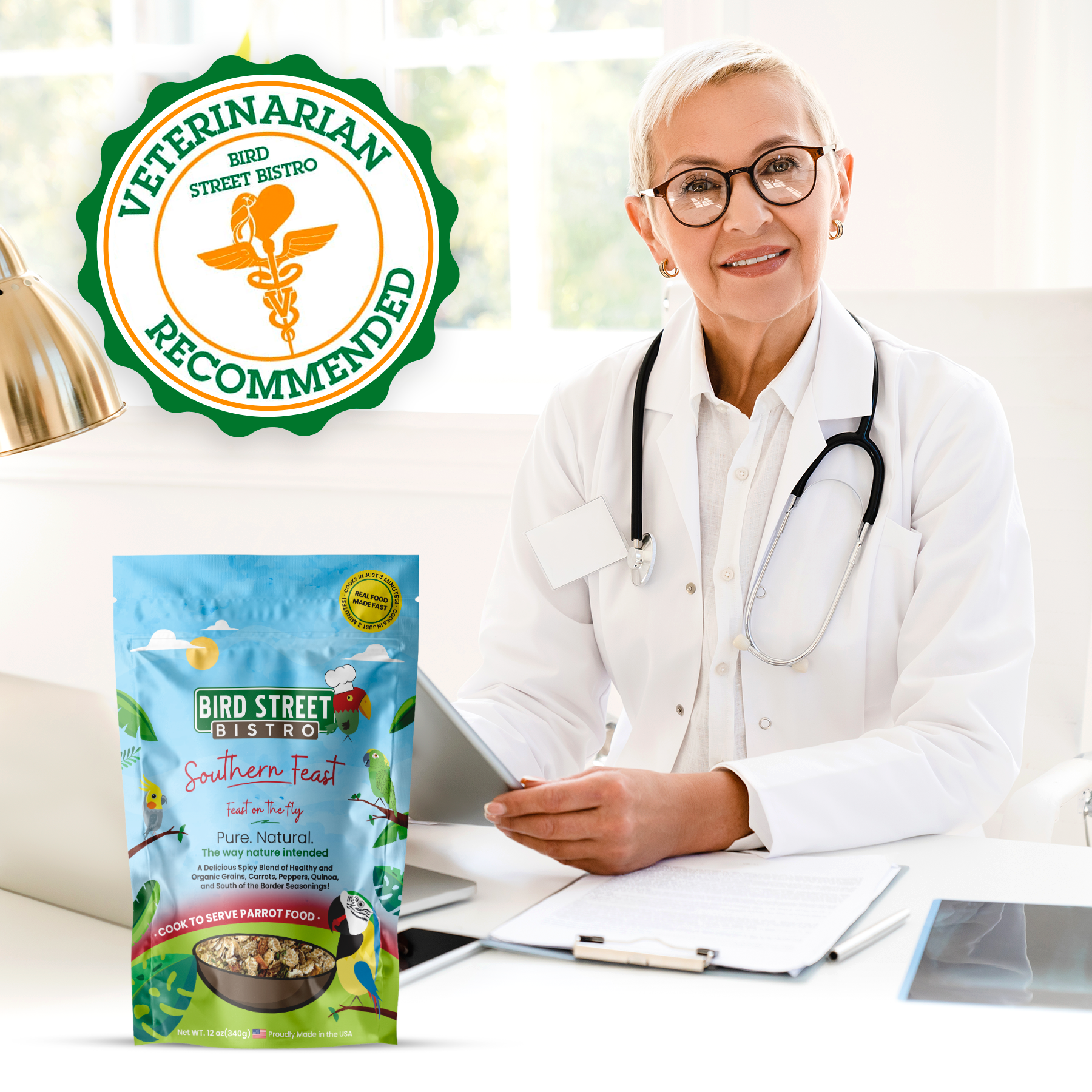 Veterinarian with a bag of Bird Street Bistro dog food and a 'Veterinarian Recommended' badge.
