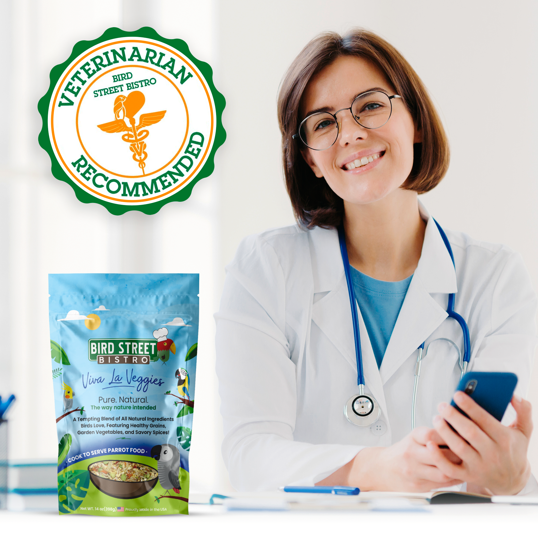 Veterinarian in a white coat with a stethoscope, holding a phone, next to a package of Bird Street Bistro pet food.
