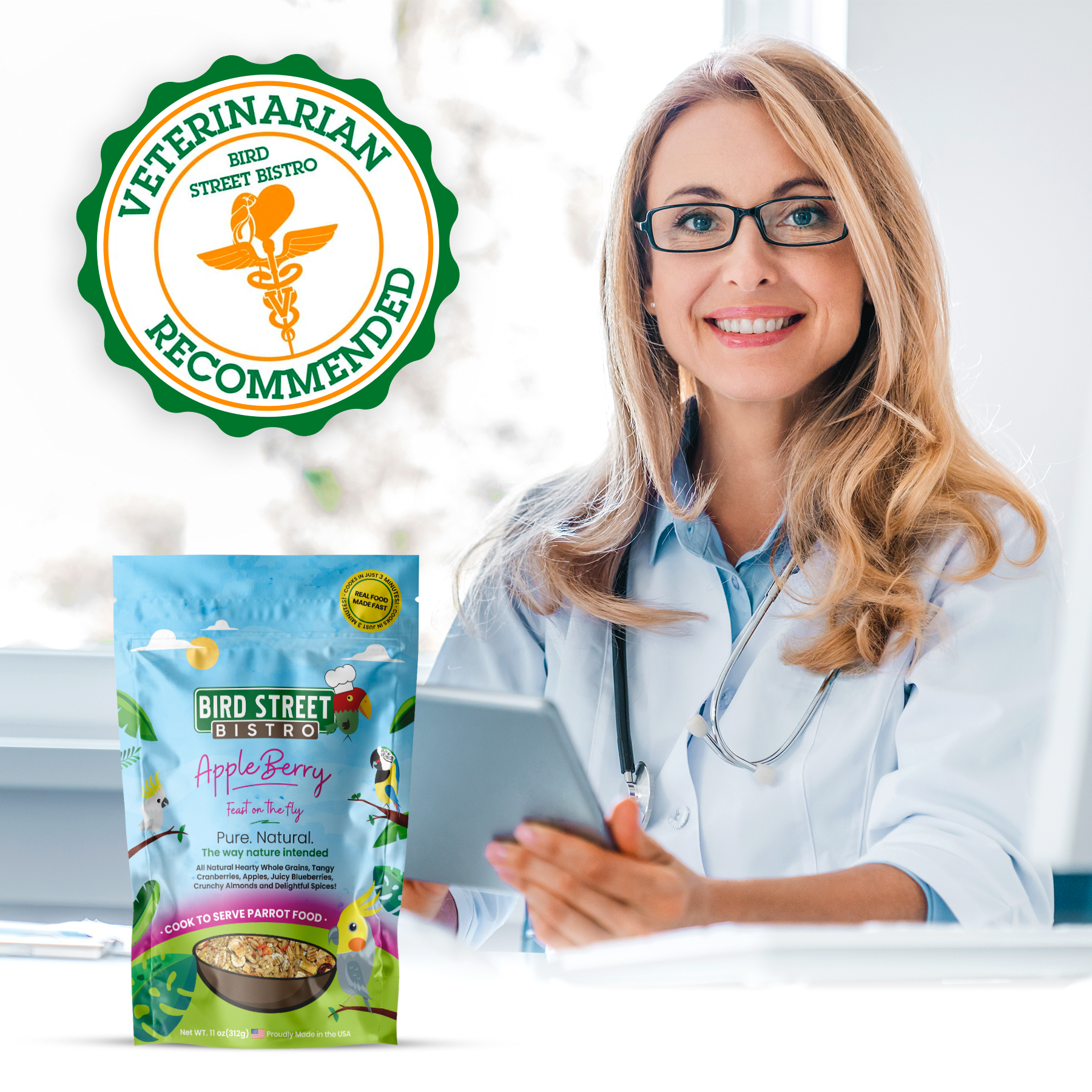Veterinarian holding a tablet with a package of Bird Street Bistro pet food in front of them, with a 'Veterinarian Recommended' badge.
