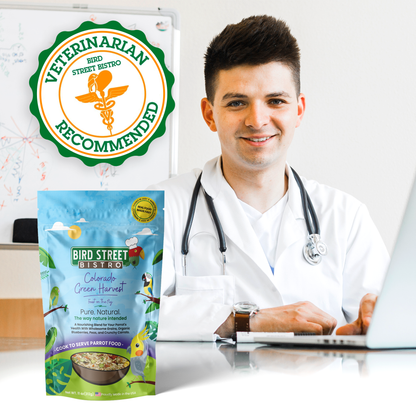 Veterinarian in a white coat with a laptop, next to a package of Bird Street Bistro pet food.
