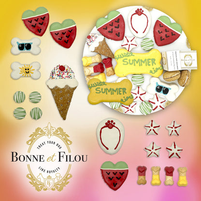 Collection of dog treats shaped like summer-themed items with 'Bonne et Filou' branding.