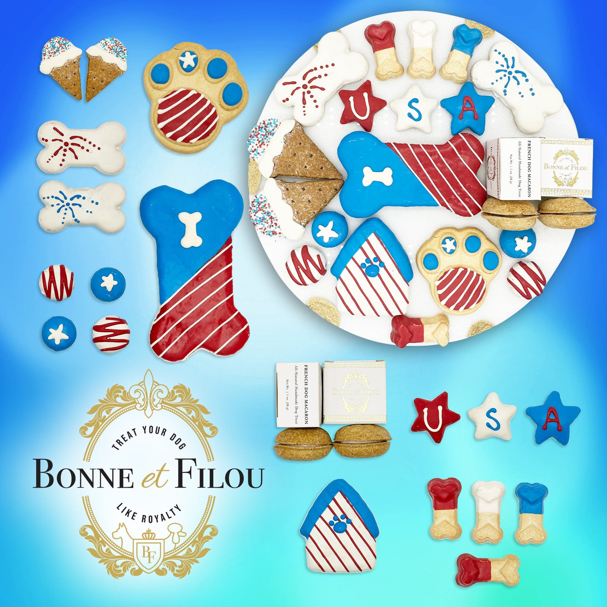 Dog treat assortment with 'Bonne et Filou' branding on a blue background