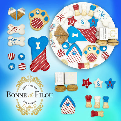 Dog treat assortment with 'Bonne et Filou' branding on a blue background