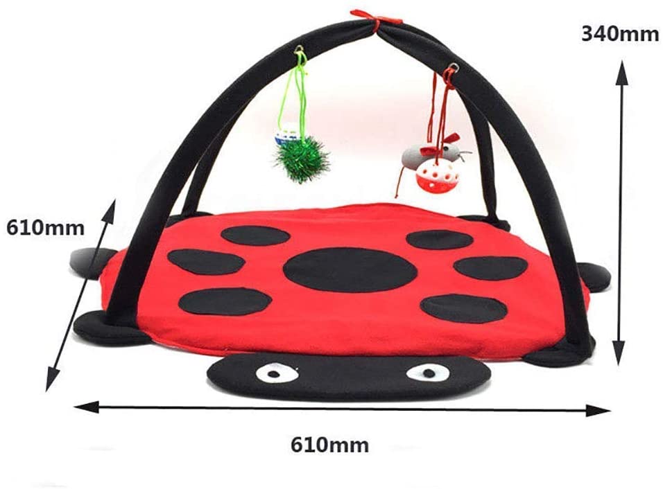 Red and black ladybug-shaped play mat with measurements on a white background