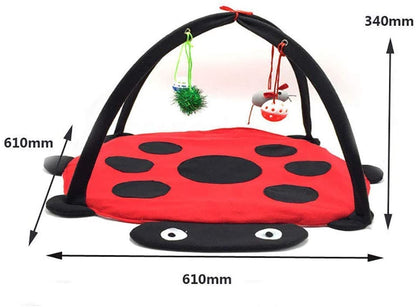 Red and black ladybug-shaped play mat with measurements on a white background