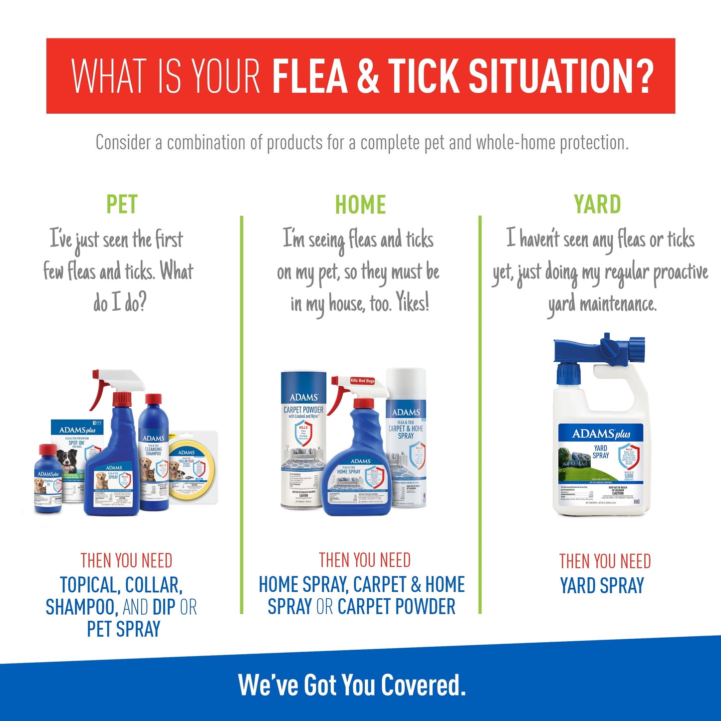 Product advertisement for flea and tick control with different product recommendations based on a pet's situation.