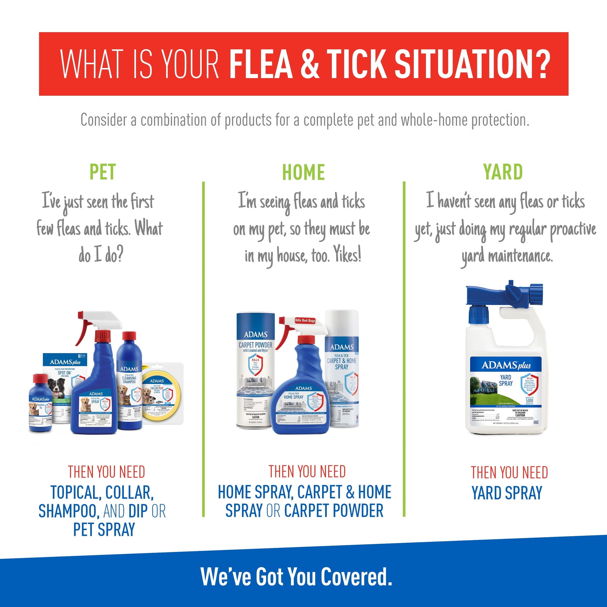 Product advertisement for flea and tick control with different product recommendations based on a pet's situation.