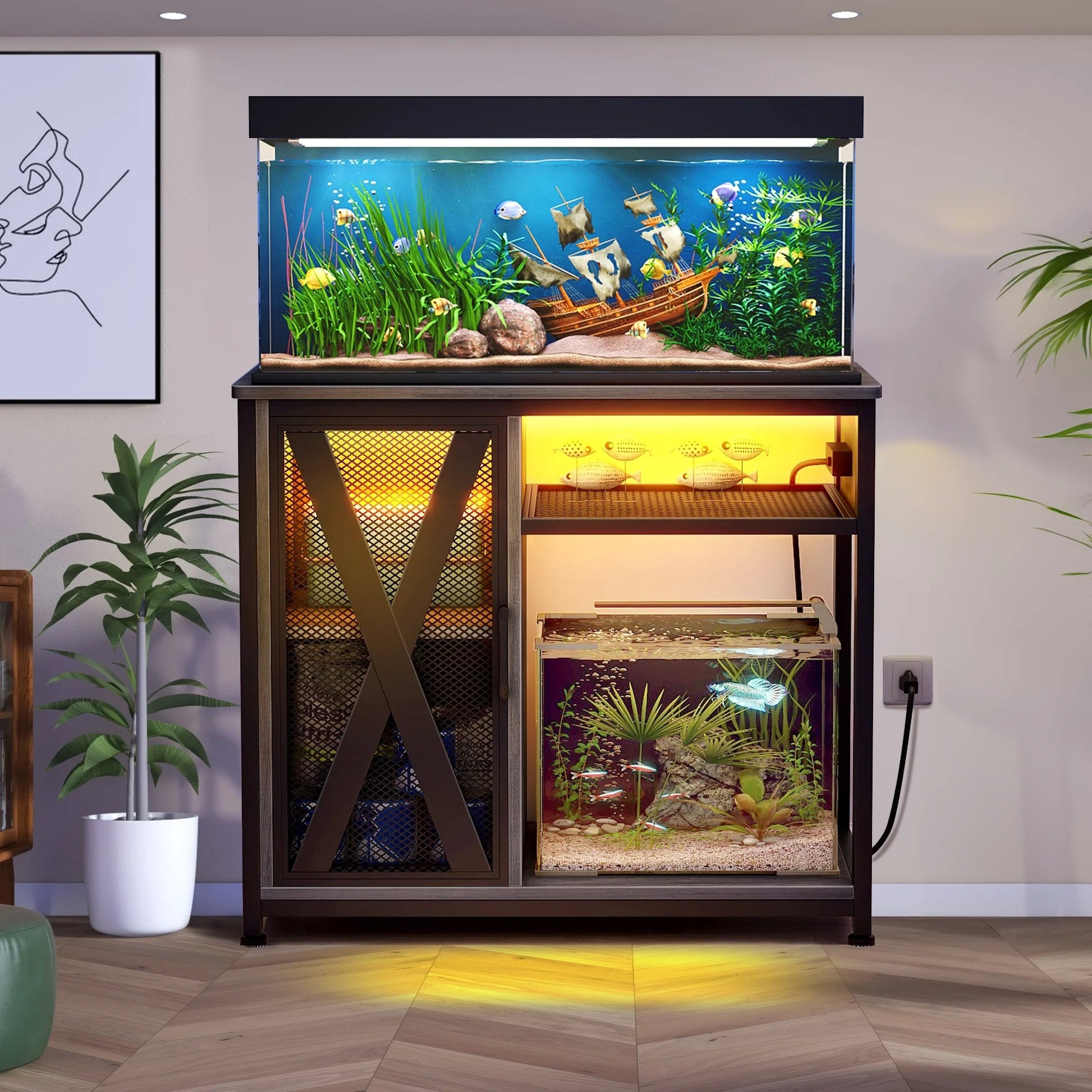 Fish tank with decorative elements on a wooden stand in a room setting.