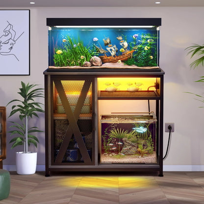 Fish tank with decorative elements on a wooden stand in a room setting.