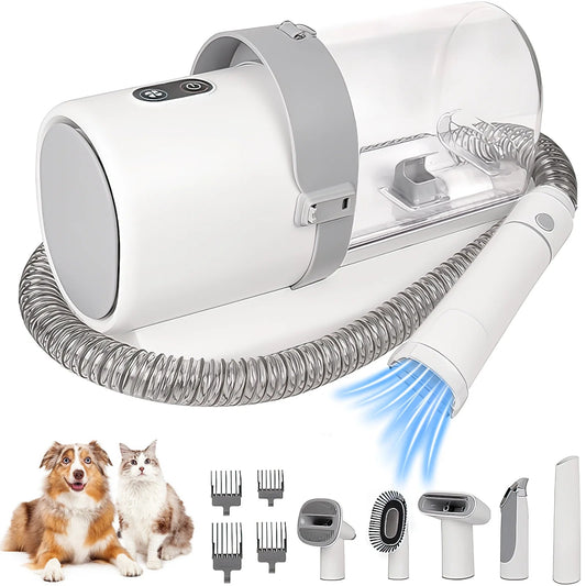 Pet grooming tool with attachments and two dogs on a white background