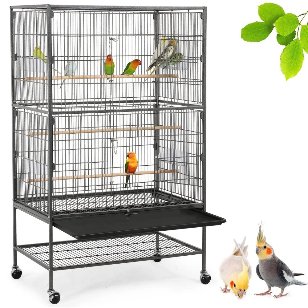 Bird cage with multiple birds on a white background