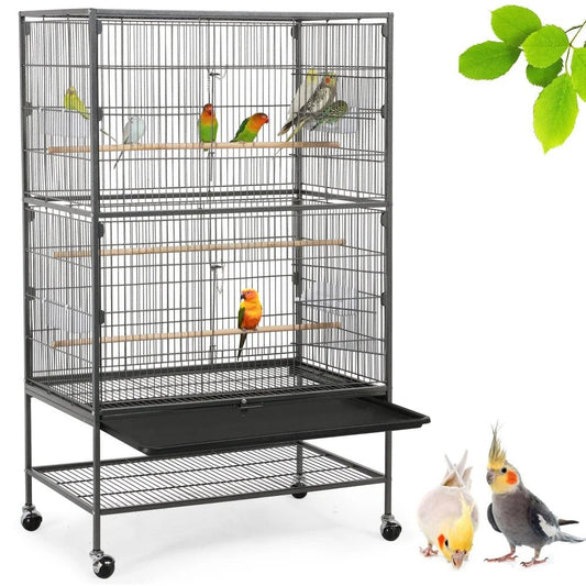 Bird cage with multiple birds on a white background