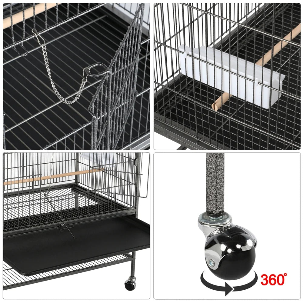 Collage of a bird cage with wheels, showing different angles and features.