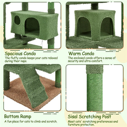 Cat condo with scratching post and ramp, featuring text on features.
