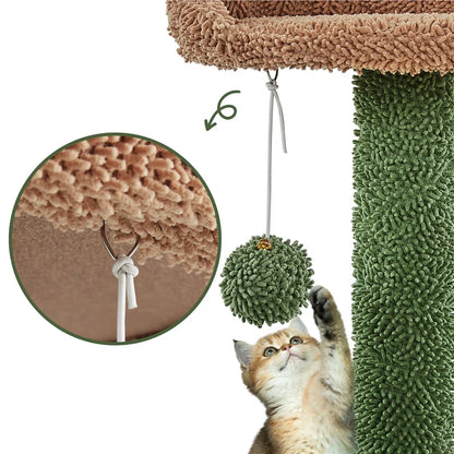 Cat playing with a green pom-pom toy attached to a cat tree with a close-up of the knot.
