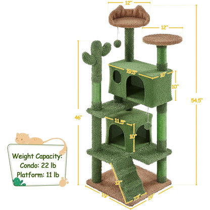 Green cactus tree condo showing dimensions, weight capacity of 22 lbs. for the condo itself, and weight for the platform on a white background. 
