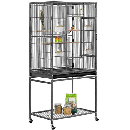 Large bird cage with wheels on a white background