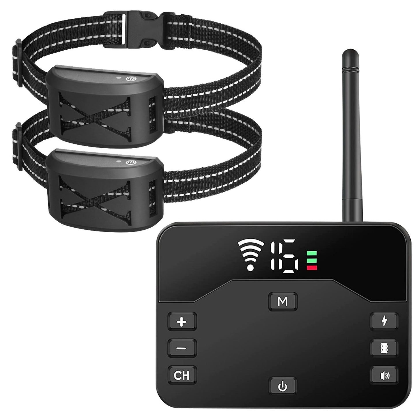 Black electronic dog collar with control device on a white background