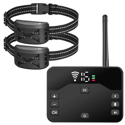 Black electronic dog collar with control device on a white background