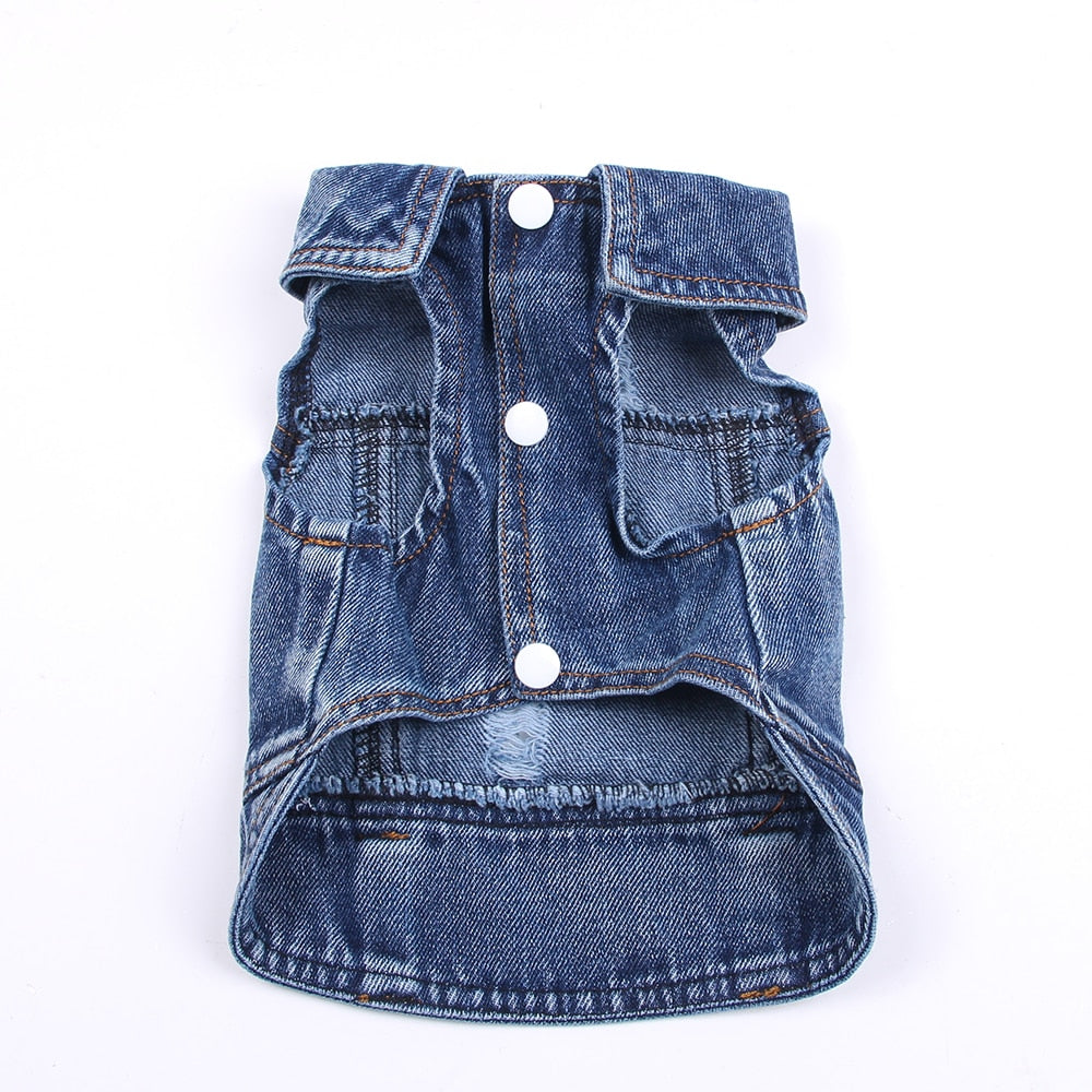 Blue denim dog vest with button details on a white background